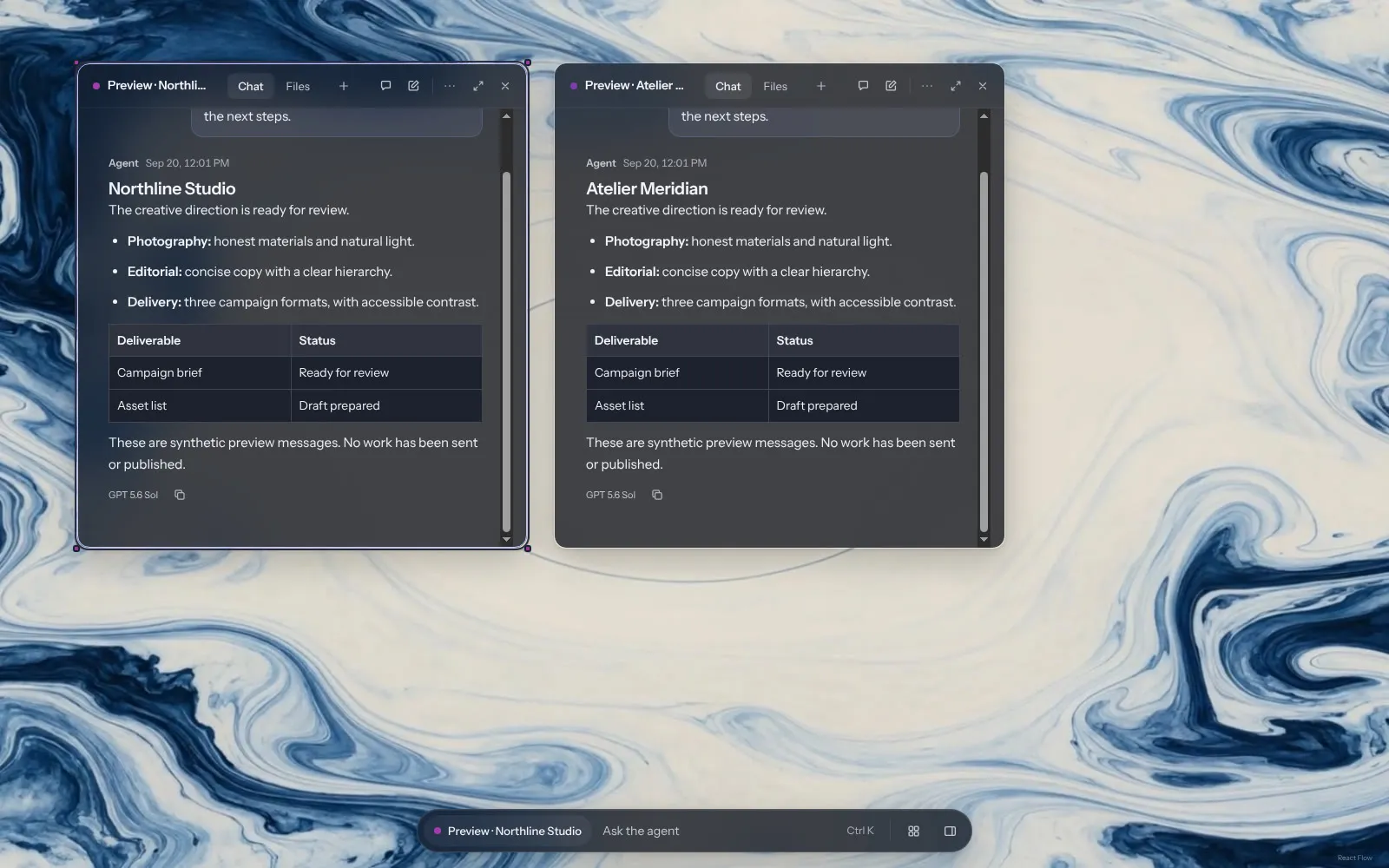 Agent Canvas over the ink marble theme