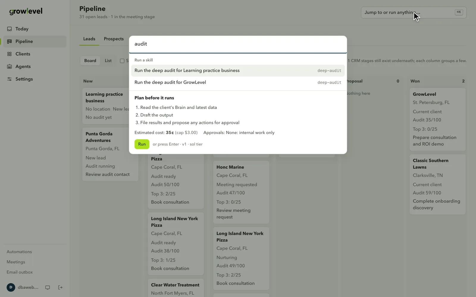 The Grow Level command palette showing a plan, estimated cost and approval rule