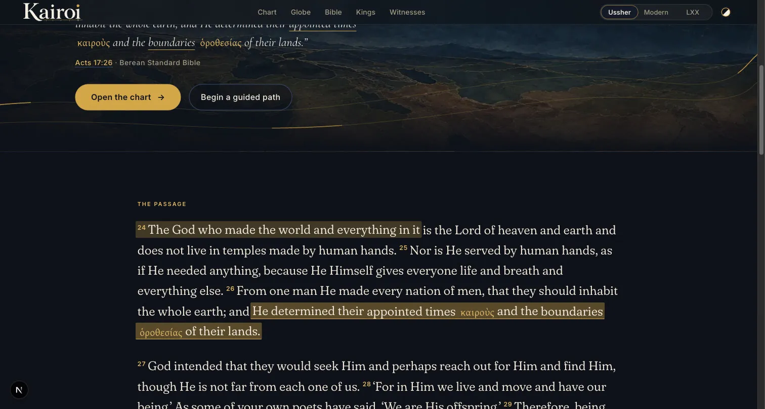A Kairoi passage page in the dark theme