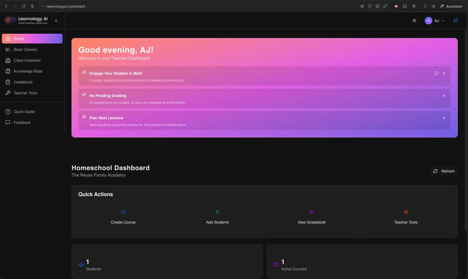 The Learnology AI homeschool dashboard