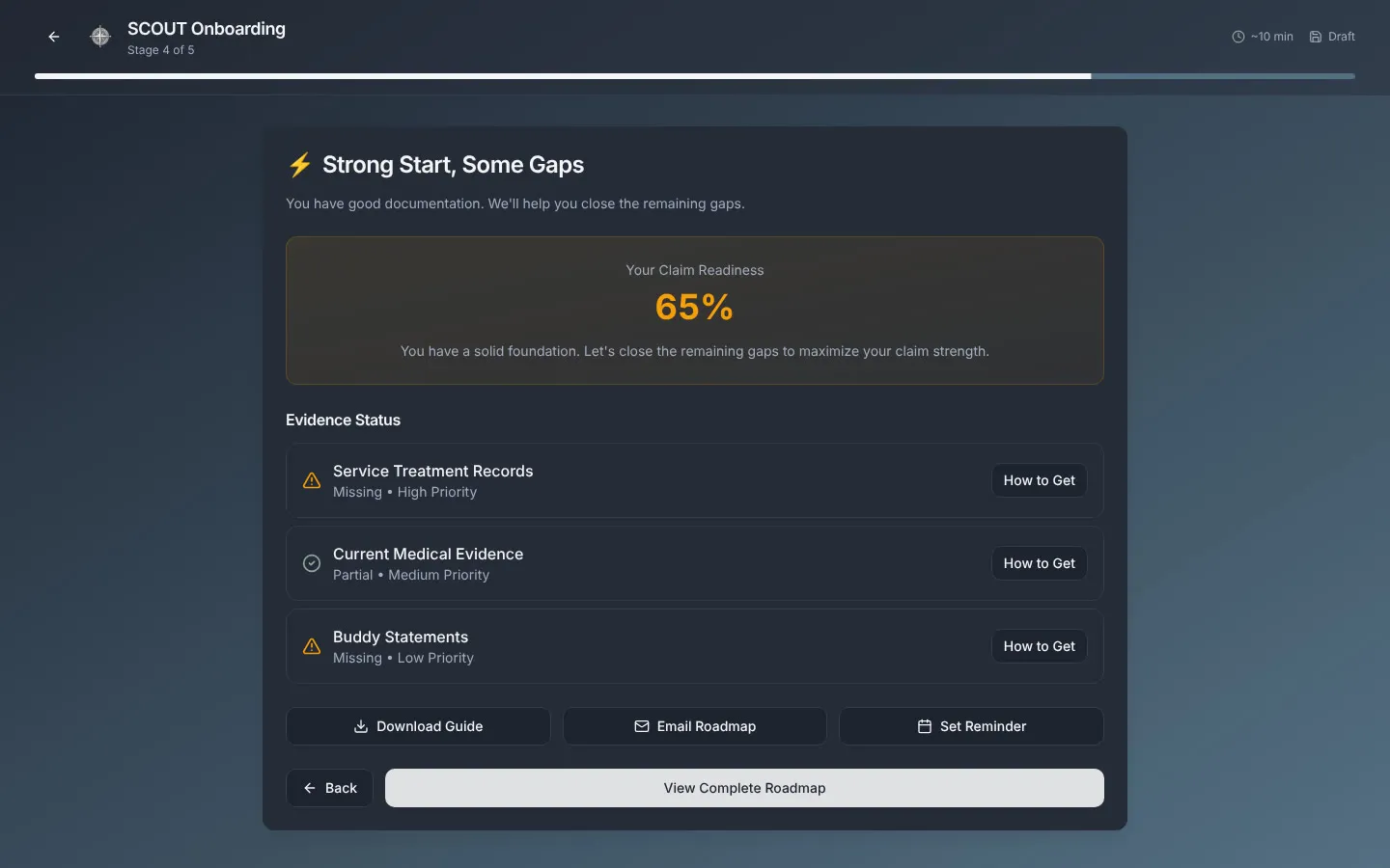 SCOUT shows a claim readiness score and the evidence still missing