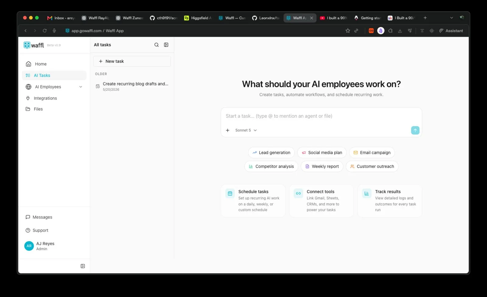 The Waffl task composer turning a sentence into a structured task